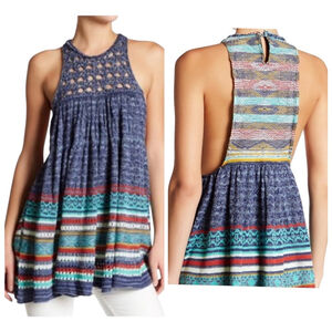 Free People Medium Heart Knit Tunic Top Boho Festival Crochet Blue Multicolor